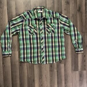PJ Paul Jones Western Pearl Button Shirt XL Green Navy Plaid Long Sleeve Stretch